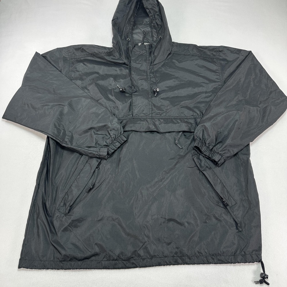 Vintage JanSport Jacket Mens Large Black Nylon Hooded Anorak 1/4 Zip Pockets